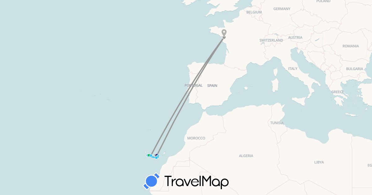 TravelMap itinerary: driving, bus, plane, boat in Spain, France (Europe)